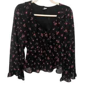Ruffle Sleeve Top Size XXS Black Pink Floral Whimsigoth Dark Fairy Romantic Y2K